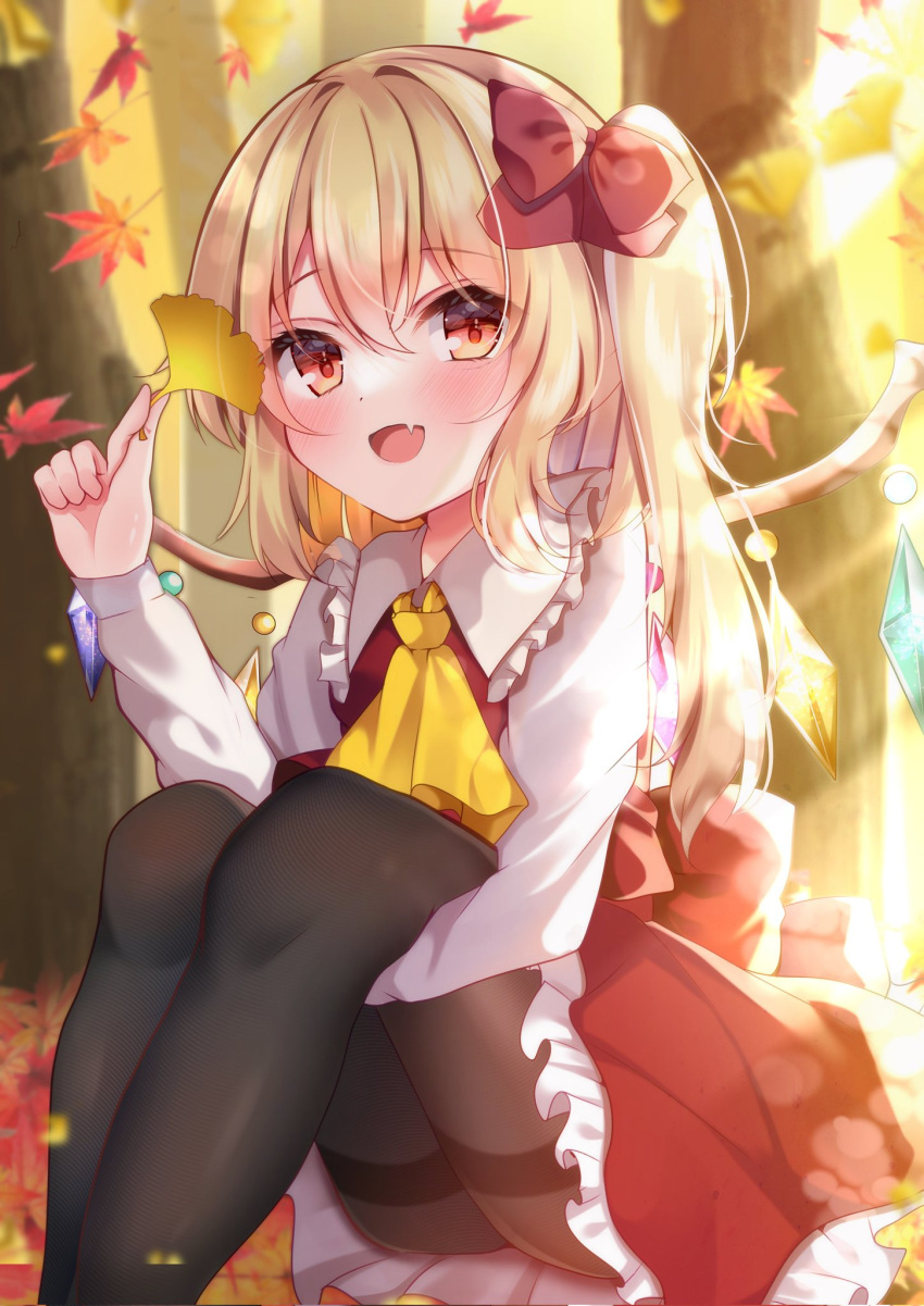 1girl ascot black_pantyhose blonde_hair bow commentary_request crystal fang feet_out_of_frame flandre_scarlet hair_bow highres holding holding_leaf knees_up leaf long_sleeves maple_leaf one_side_up open_mouth outdoors pantyhose red_bow red_eyes red_skirt shirotsuki_shirone shirt sitting skin_fang skirt solo touhou white_shirt wings yellow_ascot