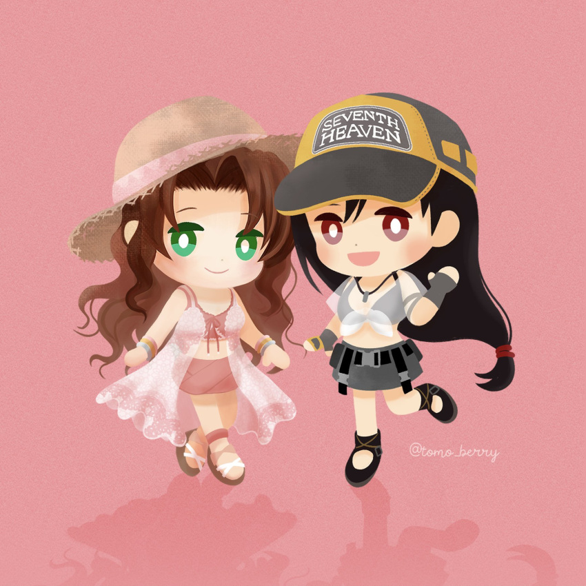 2girls aerith_gainsborough anklet baseball_cap belt bikini black_belt black_footwear black_gloves black_hair black_headwear black_skirt bracelet brown_hair chibi crossed_ankles english_text final_fantasy final_fantasy_vii final_fantasy_vii_ever_crisis fingerless_gloves gloves green_eyes happy hat highres jewelry lace leg_up long_hair multiple_girls necklace official_alternate_costume open_mouth pink_background pink_ribbon ponytail red_eyes ribbon sandals shadow shoes signature simple_background skirt smile standing straw_hat summer swimsuit swimsuit_cover-up tifa_lockhart tomoberry waving