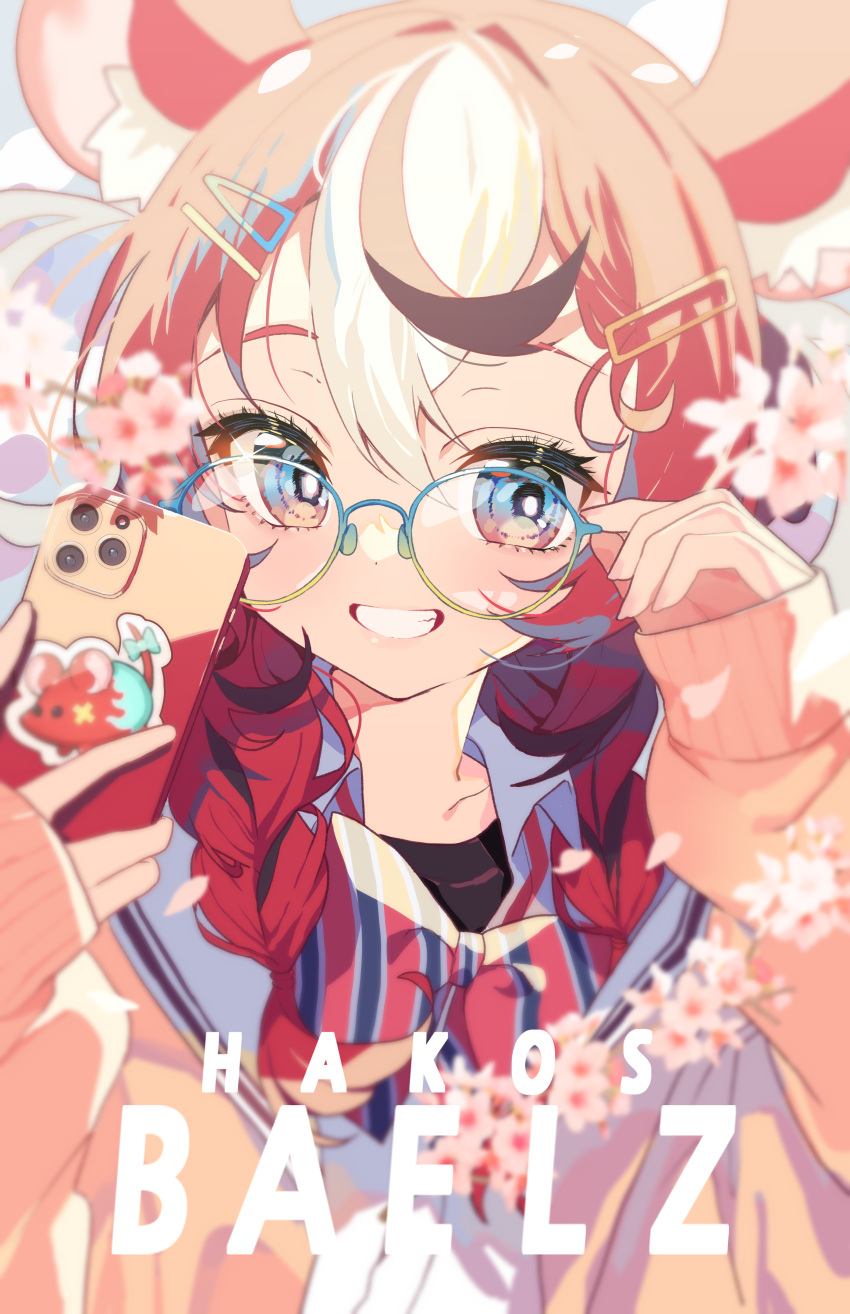 1girl absurdres adjusting_eyewear animal_ear_fluff animal_ears bespectacled black_hair black_shirt blue_eyes character_name collared_shirt flower glasses hair_ornament hairclip hakos_baelz hand_on_eyewear highres holding holding_phone hololive hololive_english long_hair long_sleeves mouse_ears mouse_girl mr._squeaks_(hakos_baelz) multicolored_hair official_alternate_costume phone redhead ribbon round_eyewear school_uniform shirt smile streaked_hair striped sweater sweater_vest teeth twintails virtual_youtuber white_hair yellow_sweater yotte