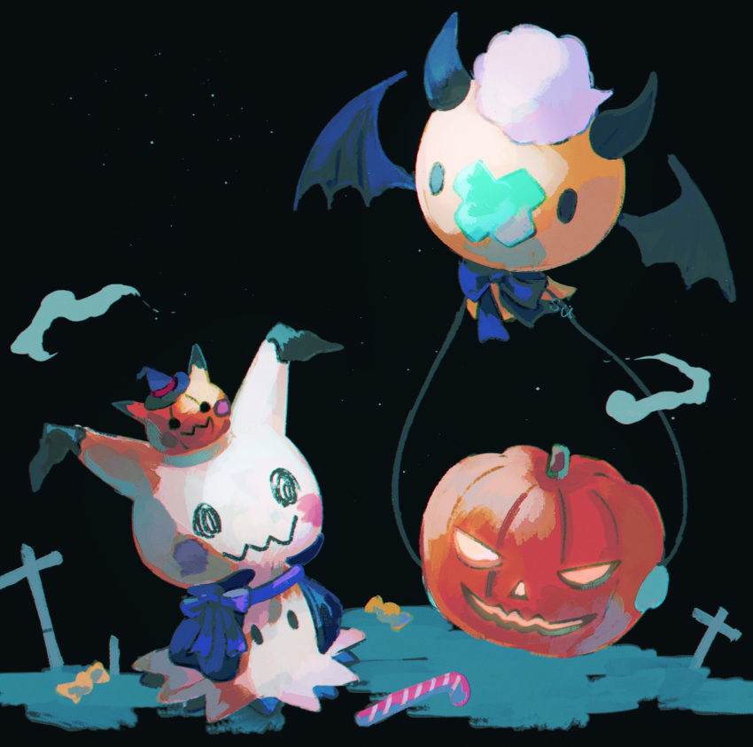 :3 blue_bow blue_bowtie bow bowtie candy cross demon_horns demon_wings drifloon fake_horns fake_wings food halloween_costume hat highres horns jack-o'-lantern mimikyu night night_sky pokemon pokemon_(creature) sky solid_oval_eyes star_(sky) su_(sajo_su5) wings witch_hat