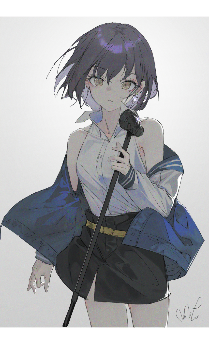 1girl absurdres bang_dream! bang_dream!_it's_mygo!!!!! bare_shoulders black_skirt collarbone collared_shirt colored_inner_hair cowboy_shot diffraction_spikes earrings front_slit grey_background grey_hair highres holding holding_microphone_stand jacket jewelry letterboxed looking_at_viewer microphone microphone_stand multicolored_hair off_shoulder open_clothes open_jacket parted_lips qtian shirt shirt_tucked_in short_hair signature simple_background skirt sleeveless sleeveless_shirt solo takamatsu_tomori white_shirt yellow_eyes