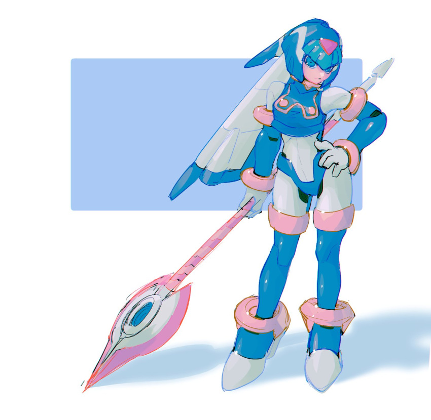 1girl armor blue_armor blue_eyes blue_helmet fairy_leviathan_(mega_man) forehead_jewel full_body helmet highres holding holding_polearm holding_weapon lemon_inu mega_man_(series) mega_man_zero_(series) polearm shadow simple_background solo spear standing weapon white_background