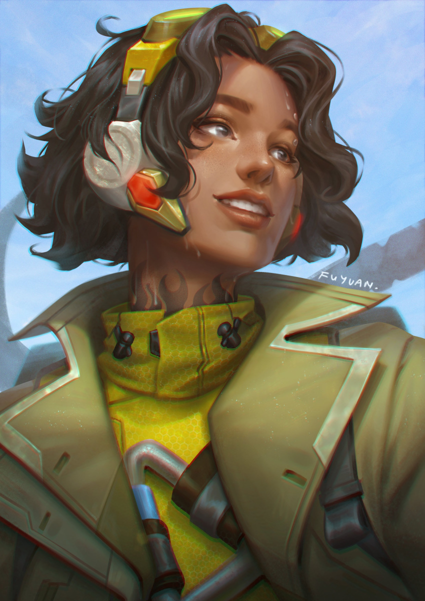 1other absurdres brown_hair dark_skin english_commentary goggles goggles_on_head highres neck_tattoo overwatch overwatch_2 parted_bangs shirt short_hair signature smile solo sweat tattoo tee_fuyuan upper_body venture_(overwatch) yellow_shirt