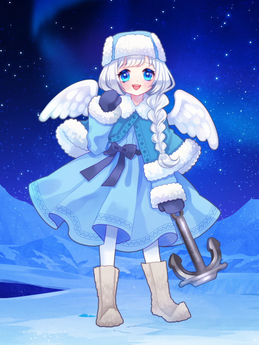 1girl :d anchor angel_wings araragi_ran black_bow black_mittens blue_eyes blush boots bow braid capelet chain_paradox coat dress full_body fur-trimmed_capelet fur_boots fur_trim hat highres mittens pantyhose pinkmm smile solo standing white_hair white_pantyhose wings
