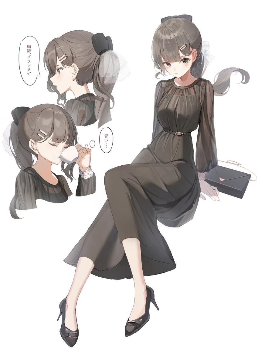 1girl absurdres bag black_bow black_footwear bow breasts brown_dress brown_eyes brown_hair commentary_request cup dress hair_bow hair_ornament hairclip handbag high_heels highres holding holding_cup knee_up long_sleeves medium_breasts multiple_views original ponytail puffy_long_sleeves puffy_sleeves shii_(kairi-t-k0317) shoes simple_background sitting translation_request white_background