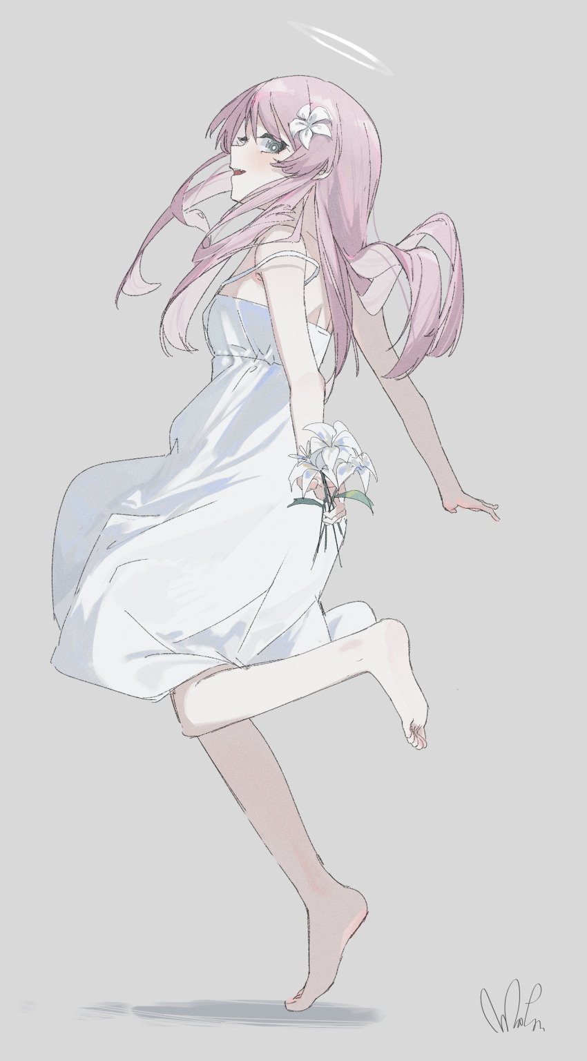 1girl absurdres bang_dream! bang_dream!_it's_mygo!!!!! barefoot chihaya_anon dress flower from_side full_body grey_background grey_eyes hair_flower hair_ornament halo highres holding holding_flower leg_up lily_(flower) long_hair looking_at_viewer parted_lips pink_hair profile qtian shadow sideways_glance signature simple_background sleeveless sleeveless_dress solo strap_slip teeth tiptoes upper_teeth_only white_dress white_flower