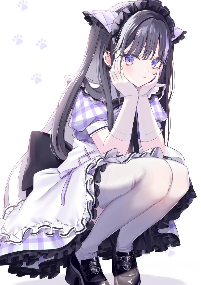 1girl absurdres black_hair blush bow bowtie closed_mouth elbow_gloves gloves highres long_hair looking_at_viewer maid maid_headdress misumi_(macaroni) original short_sleeves squatting thigh-highs violet_eyes white_thighhighs