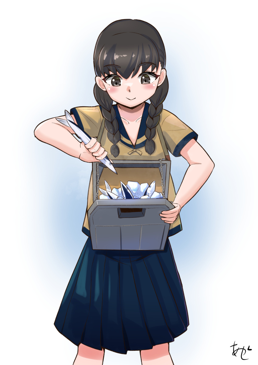 1girl akashieru black_hair blue_sailor_collar blue_skirt brown_eyes brown_shirt commentary_request cooler feet_out_of_frame fish highres kantai_collection landing_ship_no._101_(kancolle) long_hair looking_down low_twintails one-hour_drawing_challenge pleated_skirt sailor_collar school_uniform serafuku shirt skirt solo standing twintails