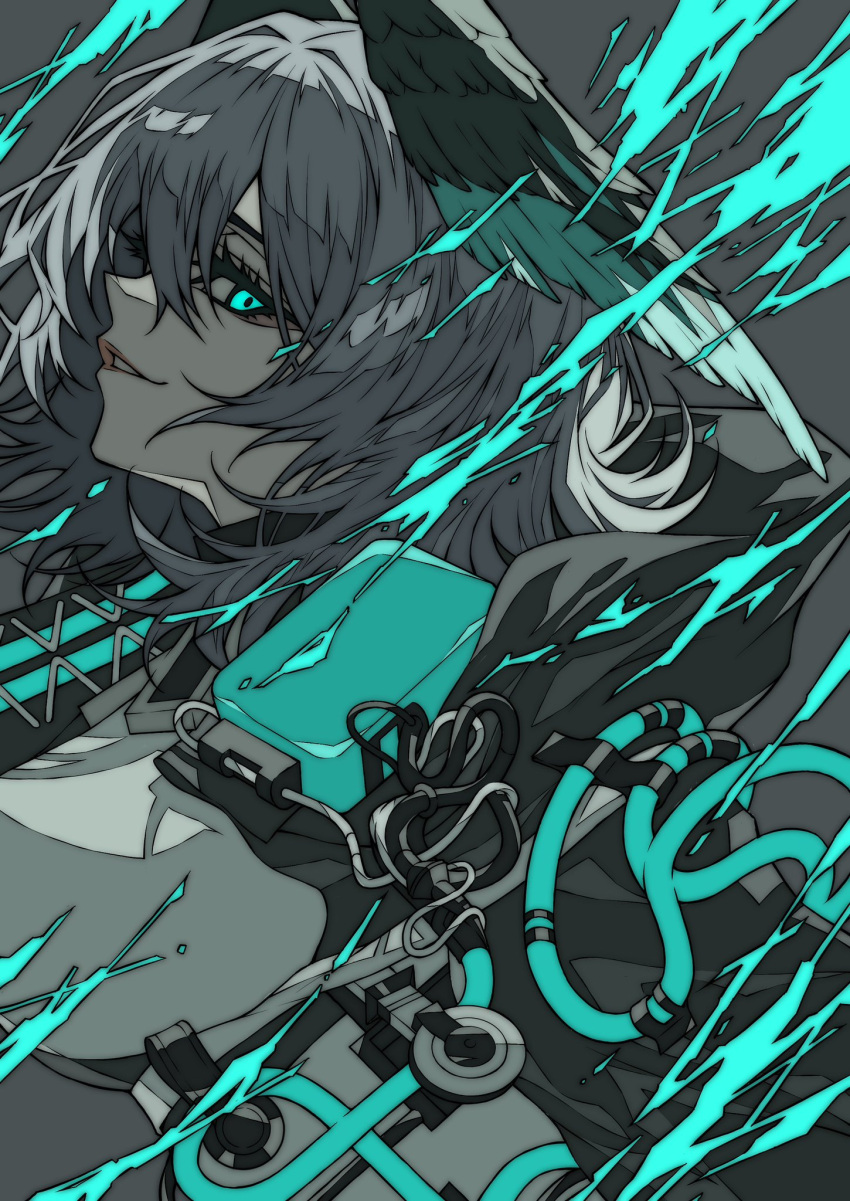 1girl aqua_eyes arknights black_coat breasts coat commentary electricity empty_eyes from_side grey_background grey_hair head_wings highres ho'olheyak_(arknights) large_breasts ligne_claire looking_at_viewer profile shirt shokikanes short_hair simple_background smile solo spot_color upper_body white_shirt wings