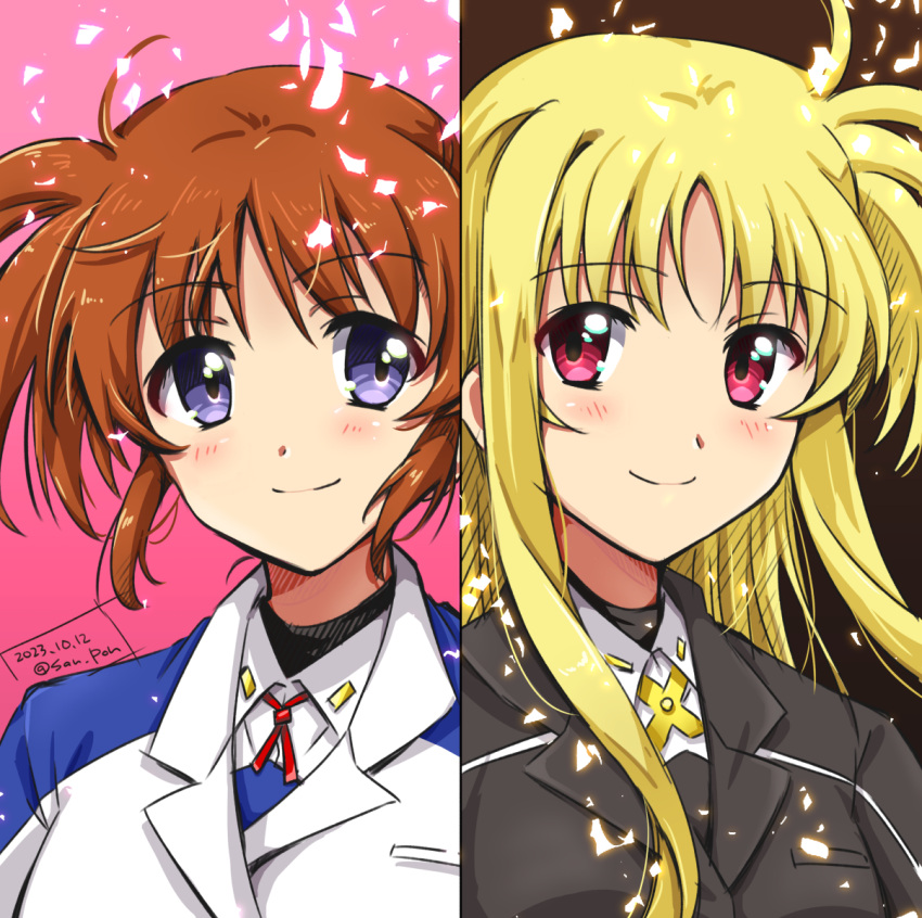 2girls artist_name blonde_hair blue_eyes blush brown_hair closed_mouth commentary_request dated fate_testarossa highres long_hair looking_at_another lyrical_nanoha military_uniform multiple_girls red_eyes san-pon simple_background smile takamachi_nanoha tsab_air_military_uniform tsab_executive_military_uniform uniform upper_body