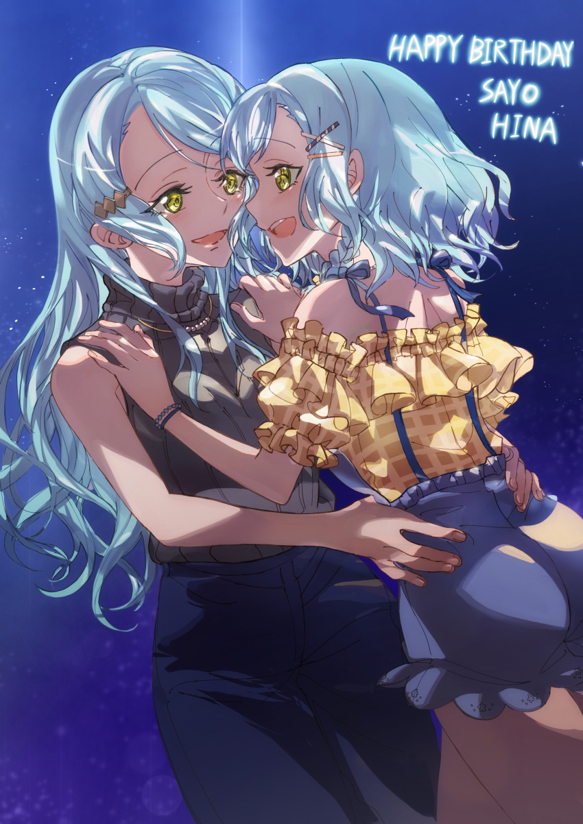 2girls absurdres aqua_hair bang_dream! black_sweater blue_overalls denim english_text green_eyes hair_ornament hairclip hands_on_another's_hips hands_on_another's_shoulders happy_birthday highres hikawa_hina hikawa_sayo jeans junjun_(kimi-la) long_hair looking_at_another medium_hair multiple_girls open_mouth overalls pants shirt sleeveless sleeveless_sweater smile sweater yellow_shirt