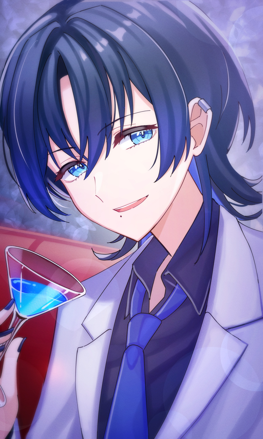 1girl absurdres blue_hair collared_shirt cup drink drinking_glass ear_piercing flipped_hair formal highres hiodoshi_ao holding holding_cup hololive hololive_dev_is looking_at_viewer mole mole_under_mouth nail_polish open_mouth parted_bangs piercing shirt short_hair smile solo suit tsumurimai upper_body virtual_youtuber