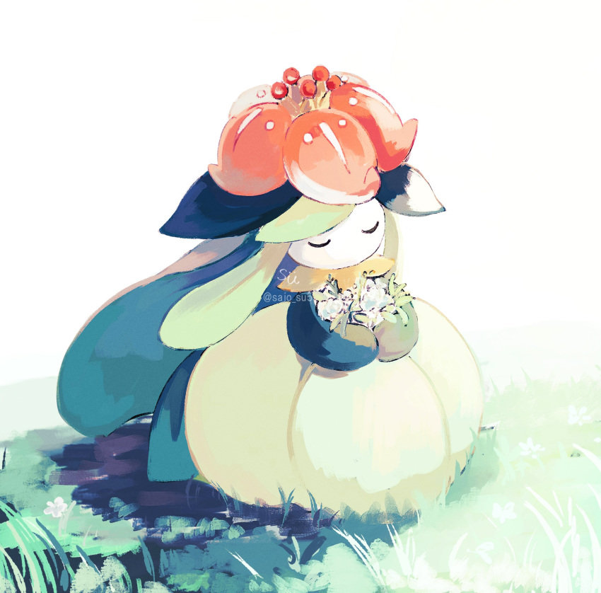 artist_name closed_eyes flower highres holding holding_flower lilligant pokemon pokemon_(creature) solo su_(sajo_su5) white_background