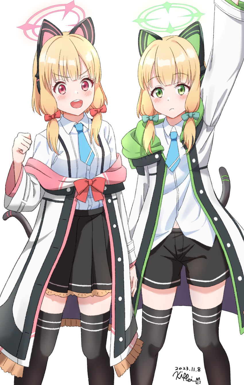 2girls animal_ear_headphones animal_ears arm_up black_skirt black_thighhighs blonde_hair blue_archive blue_necktie blush bow breasts cat_tail closed_mouth collared_shirt dated fake_animal_ears feet_out_of_frame green_bow green_eyes green_halo hair_bow halo headphones highres jacket kippei long_sleeves looking_at_viewer midori_(blue_archive) momoi_(blue_archive) multiple_girls necktie open_mouth pink_halo pleated_skirt red_bow red_eyes shirt short_hair siblings signature simple_background sisters skirt small_breasts smile tail teeth thigh-highs twins two-sided_fabric two-sided_jacket upper_teeth_only white_background white_jacket white_shirt