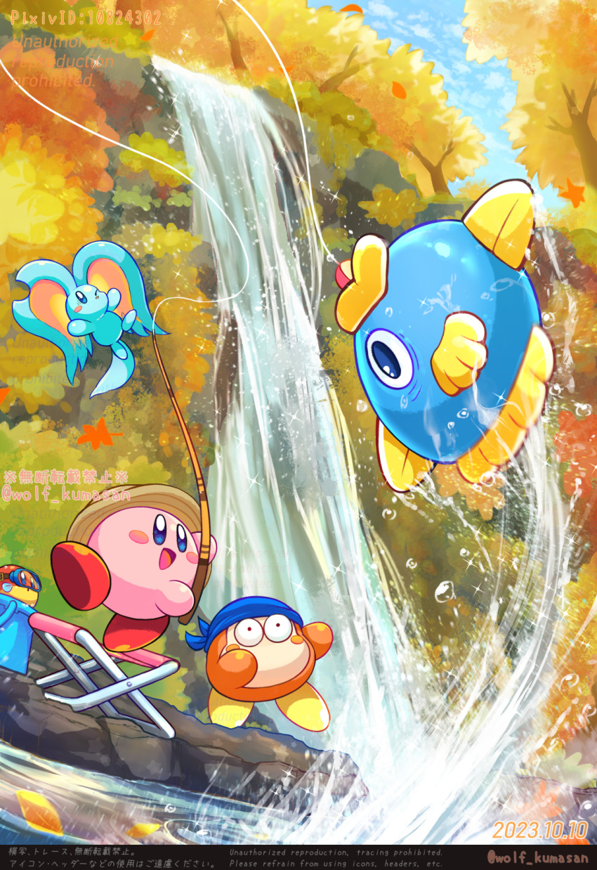 :d artist_name autumn autumn_leaves bandana bandana_waddle_dee blipper blue_bandana blue_eyes blue_sky blush blush_stickers brown_headwear bucket chair cliff clouds commentary_request dated day diving_mask elfilin fish fishing fishing_rod folding_chair goggles hat highres holding holding_fishing_rod kine_(kirby) kirby kirby_(series) kirby_and_the_forgotten_land leaf ninjya_palette no_humans notched_ear one_eye_closed open_mouth outdoors pixiv_id rock sky smile sparkle splashing star_(symbol) star_in_eye surprised symbol_in_eye tree twitter_username water water_drop waterfall watermark wide-eyed