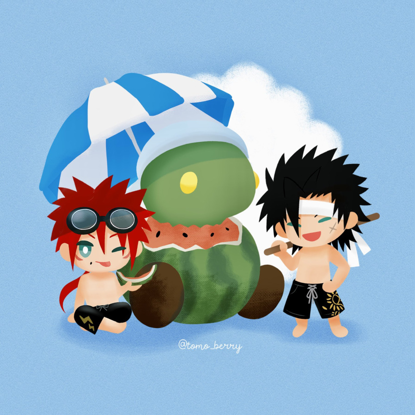 2boys alternate_costume beach_umbrella black_hair black_headwear black_male_swimwear blue_background chibi closed_eyes clouds commentary_request cross_scar crossed_legs facial_mark final_fantasy final_fantasy_vii final_fantasy_vii_ever_crisis food fruit goggles goggles_on_head green_eyes hand_on_own_hip happy headband highres holding holding_food holding_stick long_hair low_ponytail male_focus male_swimwear multiple_boys no_shoes official_alternate_costume one_eye_closed open_mouth over_shoulder ponytail redhead reno_(ff7) scar scar_on_face short_hair signature simple_background sitting smile spiky_hair standing stick summer swim_trunks swimsuit tomoberry tonberry tongue tongue_out topless_male umbrella watermelon watermelon_seeds watermelon_slice weapon weapon_over_shoulder white_headband zack_fair