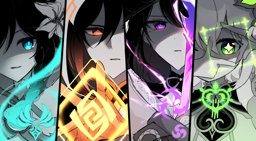 2boys 2girls anemo_symbol_(genshin_impact) arm_up bare_shoulders black_border black_hair blue_eyes blue_hair border bow bowtie braid breasts brown_hair cape covered_mouth cross-shaped_pupils dendro_symbol_(genshin_impact) detached_sleeves dress electricity electro_symbol_(genshin_impact) eyeshadow flower genshin_impact geo_symbol_(genshin_impact) gloves gradient_hair green_eyes hair_between_eyes hair_flower hair_ornament hand_up hands_up highres holding holding_sword holding_weapon hood hooded_cape japanese_clothes kimono long_hair looking_at_viewer makeup mandarin_collar medium_breasts mitsudomoe_(shape) mole mole_under_eye multicolored_hair multiple_boys multiple_girls musou_isshin_(genshin_impact) nahida_(genshin_impact) obijime official_alternate_costume one_eye_closed open_mouth orange_eyes orange_hair partially_colored raiden_shogun red_eyeshadow ris_0811 short_hair short_sleeves sidelocks simple_background smile sword symbol-shaped_pupils tomoe_(symbol) tongue twin_braids v-shaped_eyebrows venti_(archon)_(genshin_impact) venti_(genshin_impact) violet_eyes weapon white_background white_cape zhongli_(archon)_(genshin_impact) zhongli_(genshin_impact)