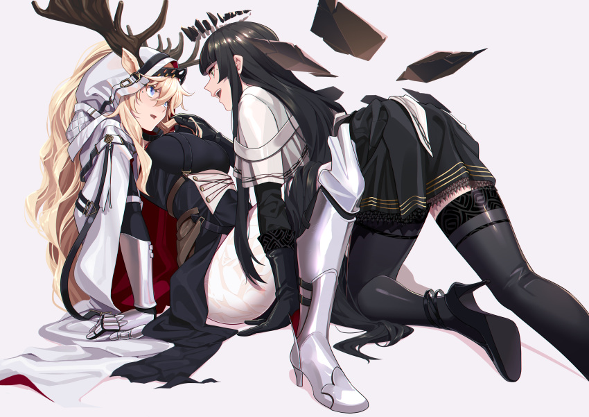 2girls :d :o absurdres all_fours animal_ears antlers antlers_through_headwear antlers_through_hood arched_back arknights arm_support armor belt belt_buckle belt_pouch black_belt black_dress black_eyes black_footwear black_gloves black_hair black_halo black_skirt black_sleeves black_thighhighs black_wings blonde_hair blue_eyes blunt_bangs breasts broken_halo brown_belt buckle chinese_commentary cloak commentary_request dark_halo deer_antlers deer_ears deer_girl detached_wings dress ears_through_headwear ears_through_hood energy_wings eye_contact eyelashes foreshortening from_side gauntlets gloves greaves hair_between_eyes halo hand_in_another's_hair hand_up headwear_request high_heels highres hime_cut hood hooded_cloak invisible_floor jacket large_breasts layered_sleeves leaning leaning_back leaning_forward leaning_on_person legs lips long_hair long_sleeves looking_at_another metal metal_gloves miniskirt mole mole_under_eye multicolored_cloak multicolored_clothes multicolored_dress multicolored_gloves multiple_girls open_mouth pale_skin pants parted_lips pleated_skirt pouch profile red_cloak red_hood shade shijie_jianfa short_over_long_sleeves short_sleeved_jacket short_sleeves sidelocks silhouette simple_background sitting skirt smile spread_legs strappy_heels surprised teeth thigh-highs thighs tongue two-tone_cloak two-tone_dress two-tone_gloves two-tone_hood upper_teeth_only very_long_hair virtuosa_(arknights) viviana_(arknights) wavy_hair white_background white_belt white_cloak white_dress white_footwear white_gloves white_hood white_jacket white_pants wide_sleeves wings yuri zettai_ryouiki