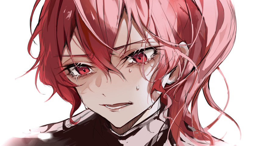 1girl absurdres bungou_stray_dogs crying hair_between_eyes highres long_hair looking_down lower_teeth_only military military_uniform okura_teruko_(bungou_stray_dogs) open_mouth portrait red_eyes redhead sidelocks simple_background solo teardrop tears teeth uniform white_background ya_ta