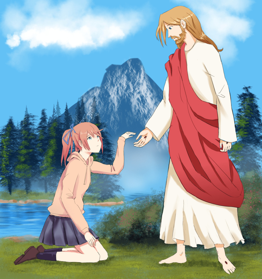 1girl barefoot black_skirt bow brown_footwear brown_sweater catholic commentary_request deep_wound english_commentary green_eyes hair_bow highres injury jesus kneeling long_hair long_sleeves mixed-language_commentary nature open_hand pleated_skirt red_sash redhead religious_offering robe sash skirt sweater verxamel white_robe