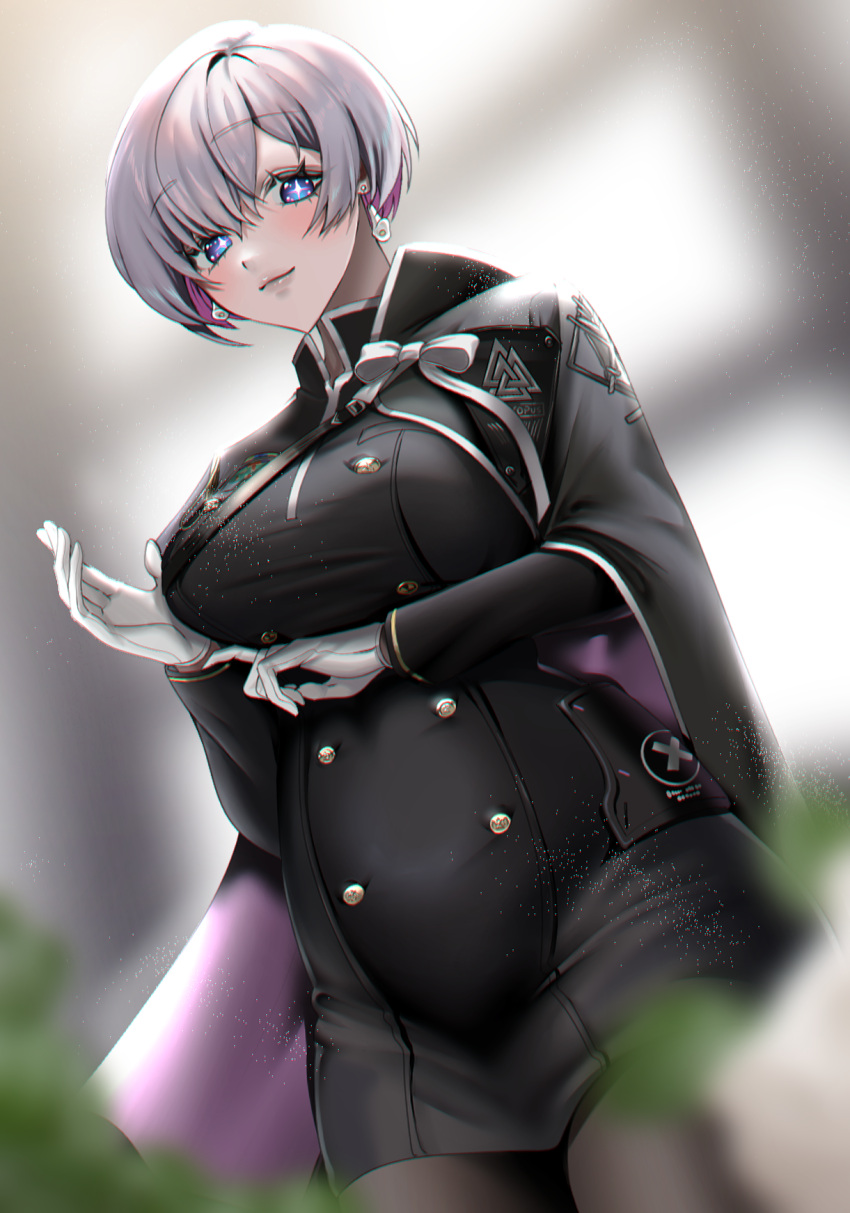 +_+ 1girl adjusting_clothes adjusting_gloves black_cape black_jacket black_pantyhose blue_eyes blurry blush cape closed_mouth colored_inner_hair covered_navel depth_of_field dutch_angle earrings gloves goddess_of_victory:_nikke highres jacket jewelry liliweiss_(nikke) looking_at_viewer military_uniform multicolored_hair pantyhose purple_cape purple_hair short_hair smile solo star-shaped_pupils star_(symbol) symbol-shaped_pupils two-tone_cape uniform violet_eyes white_gloves white_hair ymr_yamero