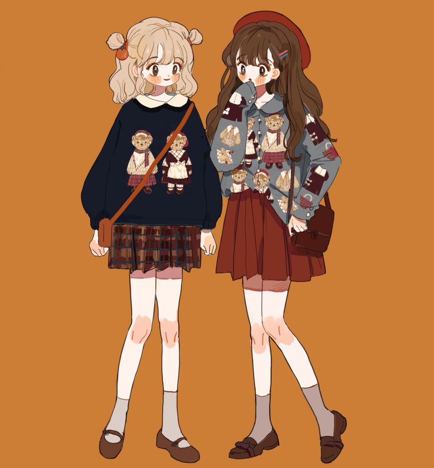 2girls animal_print ankle_socks bear_print beret black_eyes black_sweater blonde_hair blue_shirt blush_stickers brown_bag brown_footwear brown_hair brown_skirt buttons closed_mouth collar collarbone collared_shirt collared_sweater double_bun fashion food-themed_hair_ornament full_body grey_socks hair_bun hair_ornament hairclip hand_on_own_chin hat highres loafers long_hair long_sleeves looking_at_another mary_janes miniskirt multiple_girls orange_background orange_hair_ornament original parted_lips plaid plaid_skirt pleated_skirt puffy_long_sleeves puffy_sleeves putong_xiao_gou red_headwear red_skirt shirt shoes shoulder_pads skirt sleeves_past_wrists smile socks sweater white_collar
