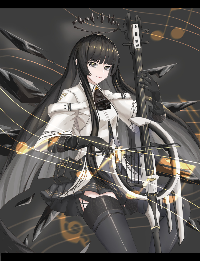 1girl absurdres antenna_hair arknights ascot belt belt_buckle belt_pouch black_ascot black_belt black_bustier black_eyes black_garter_straps black_gloves black_hair black_halo black_pouch black_skirt black_thighhighs black_wings blunt_bangs blurry blurry_background blurry_foreground bow_(music) breasts broken_halo buckle bustier buttons cello closed_mouth collared_jacket commentary cowboy_shot dark_halo depth_of_field detached_wings east energy_wings garter_straps gloves grey_background grey_shirt halo hands_up highres hime_cut holding holding_bow_(music) holding_instrument holding_violin instrument jacket layered_sleeves leg_up light_smile lips long_hair long_sleeves looking_at_viewer makeup miniskirt mole mole_under_eye music musical_note outstretched_hand pale_skin playing playing_instrument pleated_skirt pouch red_lips shirt short_over_long_sleeves short_sleeved_jacket short_sleeves sidelocks skirt small_breasts solo staff_(music) standing standing_on_one_leg thigh-highs very_long_hair violin virtuosa_(arknights) white_jacket wide_sleeves wing_collar wings zettai_ryouiki