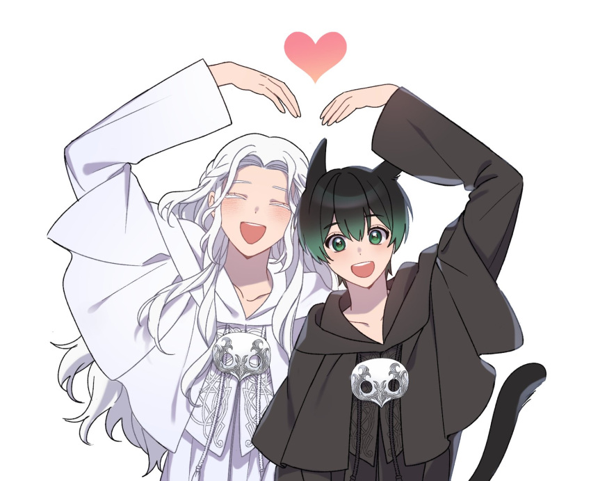 2girls :d ^_^ animal_ears arm_up black_capelet black_hair black_robe braid capelet cat_ears cat_girl cat_tail closed_eyes colored_eyelashes commentary_request facing_viewer final_fantasy final_fantasy_xiv gradient_hair green_eyes green_hair half_updo heart heart_arms_duo highres hood hood_down hooded_capelet korean_commentary licoan_ff14 long_hair mask mask_around_neck miqo'te multicolored_hair multiple_girls open_mouth robe simple_background single_braid smile tail two-tone_hair unworn_mask upper_body venat_(ff14) warrior_of_light_(ff14) wavy_hair white_background white_capelet white_hair white_robe