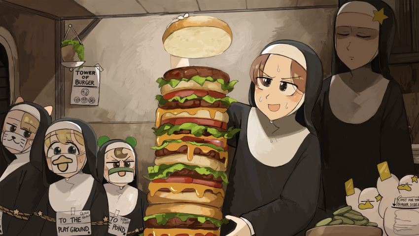 4girls :d bird blonde_hair blue_eyes brown_eyes brown_hair burger catholic chicken closed_eyes clumsy_nun_(diva) comedy diva_(hyxpk) duck english_commentary food frog_headband froggy_nun_(diva) habit highres hungry_nun_(diva) little_nuns_(diva) multiple_girls nun plant poster_(object) potted_plant smile spicy_nun_(diva) star_nun_(diva) star_ornament too_much_burger traditional_nun yellow_card yellow_eyes