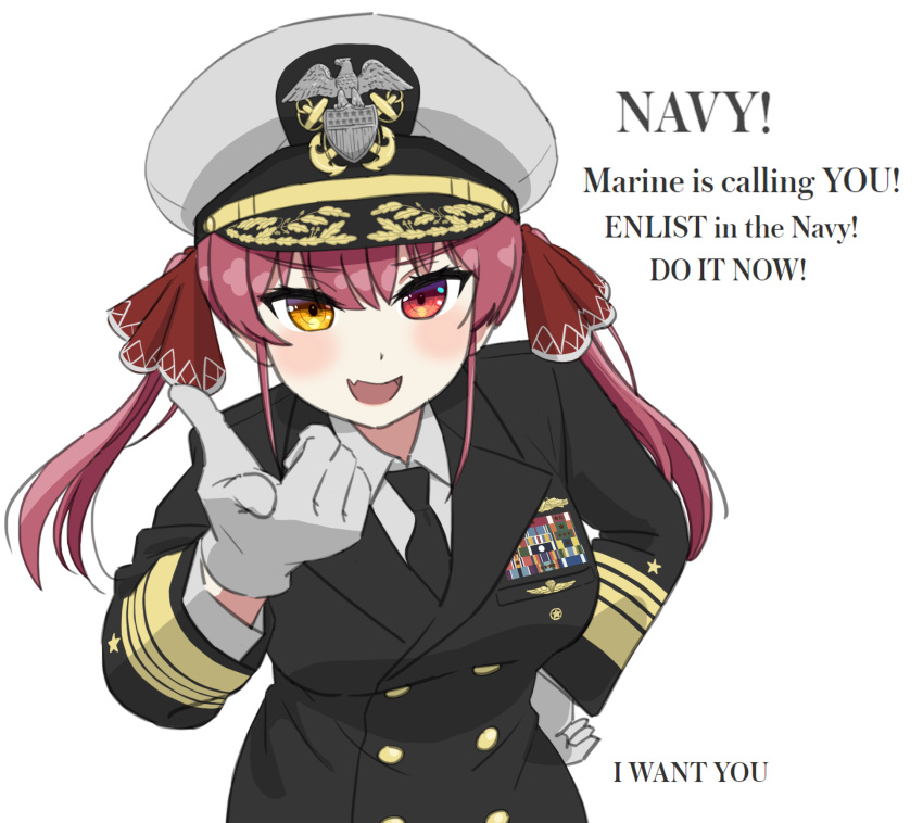 1girl black_cat03 black_jacket black_necktie breasts buttons commentary double-breasted emblem english_text gloves grey_gloves hat heterochromia highres hololive houshou_marine i_want_you jacket large_breasts military_uniform necktie peaked_cap pointing red_eyes redhead solo star_(symbol) twintails uniform united_states_navy upper_body virtual_youtuber yellow_eyes
