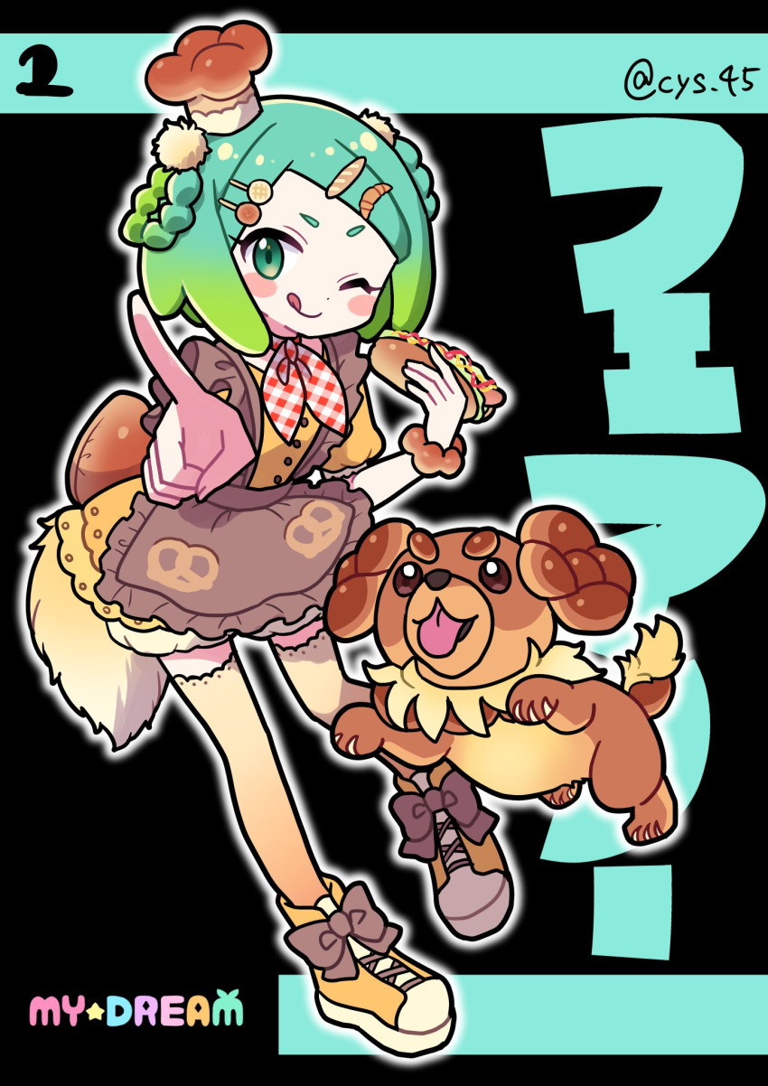 1girl alternate_costume alternate_hairstyle apron blush bow bracelet braided_hair_rings brown_apron brown_bow brown_headwear chef_hat closed_mouth crossover dachsbun dog_tail dress food food-themed_clothes food-themed_hair_ornament foreshortening frilled_dress frills full_body gradient_hair green_eyes green_hair hair_ornament hairclip hand_up hat highres holding holding_food idol_time_pripara index_fingers_raised jewelry kokichi_yoko looking_at_viewer multicolored_hair neckerchief nijiiro_nino one_eye_closed parody pointing pointing_at_viewer pokemon pokemon_(creature) pokemon_(game) pokemon_sv pretty_(series) pripara project_voltage puffy_short_sleeves puffy_sleeves red_neckerchief sandwich shoes short_hair short_sleeves smile sneakers standing style_parody tail thigh-highs tongue tongue_out vocaloid yellow_dress yellow_footwear yellow_thighhighs