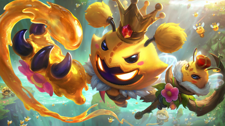 2boys absurdres alien bee bee'maw bee_wings beemo bug cat claws crown flying glowing glowing_eyes grass highres holding holding_staff honey king_beegar kog'maw league_of_legends multiple_boys official_alternate_costume official_art outdoors solo_focus staff teemo tree veigar wings yellow_eyes yordle yuubee yuumi_(league_of_legends)