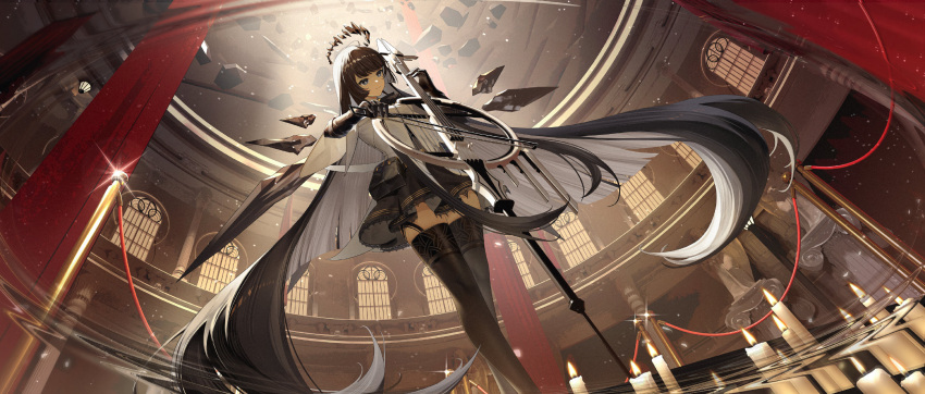 1girl absurdly_long_hair antenna_hair architecture arknights ascot belt belt_buckle belt_pouch black_ascot black_belt black_bustier black_eyes black_garter_straps black_gloves black_hair black_halo black_pouch black_skirt black_thighhighs black_wings blunt_bangs bow_(music) breasts broken_halo buckle bustier buttons candle candle_wax candlelight cello chinese_commentary closed_mouth colored_inner_hair column commentary_request curtains dark_halo day detached_wings dot_nose dress_shirt dutch_angle energy_wings feet_out_of_frame fence film_grain fire floating_hair floor from_below from_side garter_straps glint gloves glowing grey_hair grey_shirt halo hands_up highres hime_cut holding holding_bow_(music) holding_instrument holding_violin indoors instrument jacket layered_sleeves light_particles light_smile long_hair long_sleeves looking_afar looking_ahead miniskirt mole mole_under_eye motion_blur multicolored_hair music pillar playing playing_instrument pleated_skirt pouch red_curtains reflection reflective_floor shade shirt short_over_long_sleeves short_sleeved_jacket short_sleeves sidelocks skirt sky solo spotlight stage standing statue sunlight thigh-highs two-tone_hair very_long_hair violin virtuosa_(arknights) wax weibo_7401527510 white_jacket window wings yellow_sky zettai_ryouiki