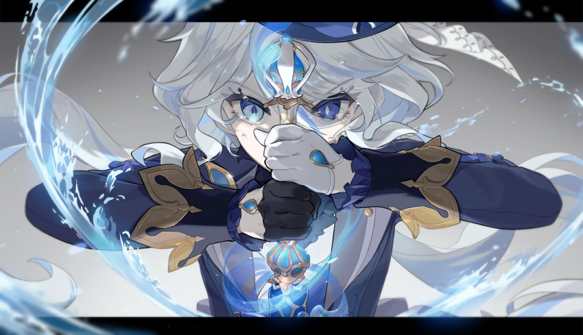 1girl arms_up ascot asymmetrical_gloves black_gloves blue_ascot blue_eyes blue_hair blue_headwear blue_jacket crying drop-shaped_pupils eyelashes floating_hair furina_(genshin_impact) genshin_impact gloves grey_background hair_between_eyes hat heterochromia highres holding holding_sword holding_weapon jacket lapels letterboxed long_hair long_sleeves looking_at_viewer mismatched_gloves mismatched_pupils multicolored_hair open_clothes open_jacket ri_eul_fd sidelocks simple_background solo splendor_of_tranquil_waters_(genshin_impact) streaked_hair swept_bangs sword symbol-shaped_pupils tears tilted_headwear upper_body v-shaped_eyebrows water weapon white_gloves white_hair