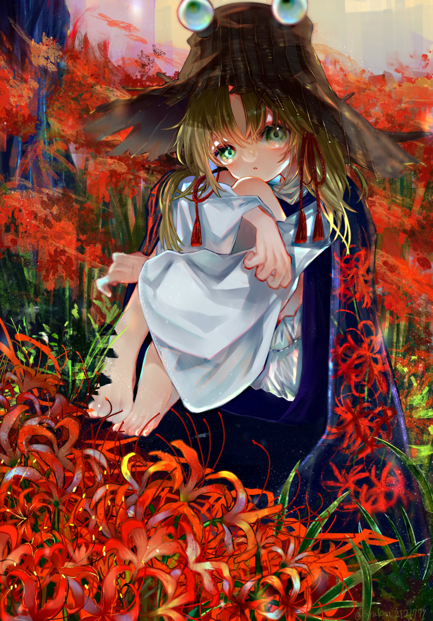 1girl absurdres barefoot blonde_hair bloomers commentary_request dress expressionless flower full_body green_eyes hair_ribbon hat highres hugging_own_legs long_hair long_sleeves looking_at_viewer medium_bangs moriya_suwako open_mouth painterly parted_bangs pinafore_dress purple_dress red_flower red_ribbon ribbon shirt sleeveless sleeveless_dress solo spider_lily touhou white_bloomers white_shirt zhu_xiang