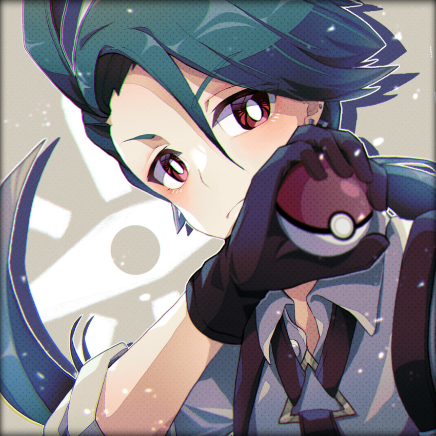 1girl collared_shirt earrings gloves green_hair hair_between_eyes highres holding holding_poke_ball jewelry long_hair looking_at_viewer necktie poke_ball poke_ball_(basic) pokemon pokemon_(game) pokemon_sv red_eyes rika_(pokemon) shirt solo stray0641071225 suspenders upper_body white_shirt
