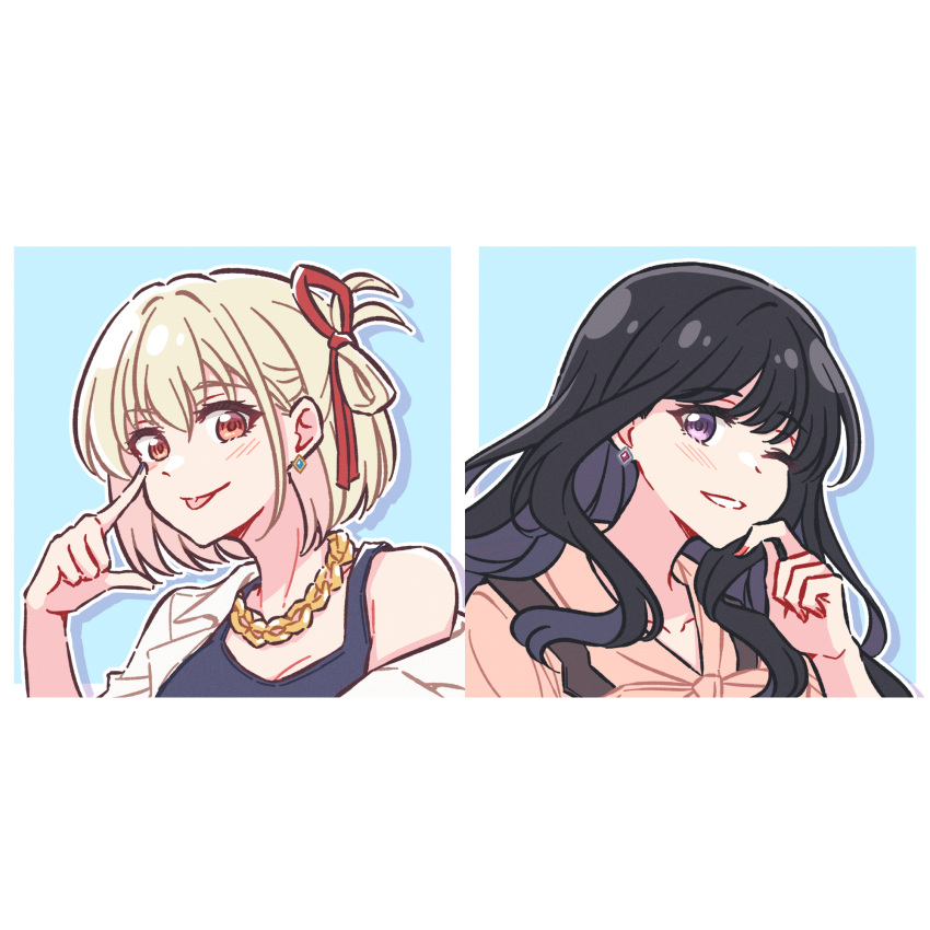 2girls akamirai black_hair blonde_hair chain earrings gold_chain grin hand_on_own_chin highres inoue_takina jewelry long_hair looking_at_viewer lycoris_recoil multiple_girls necklace nishikigi_chisato one_eye_closed portrait red_eyes red_ribbon ribbon short_hair single_earring smile tongue tongue_out violet_eyes