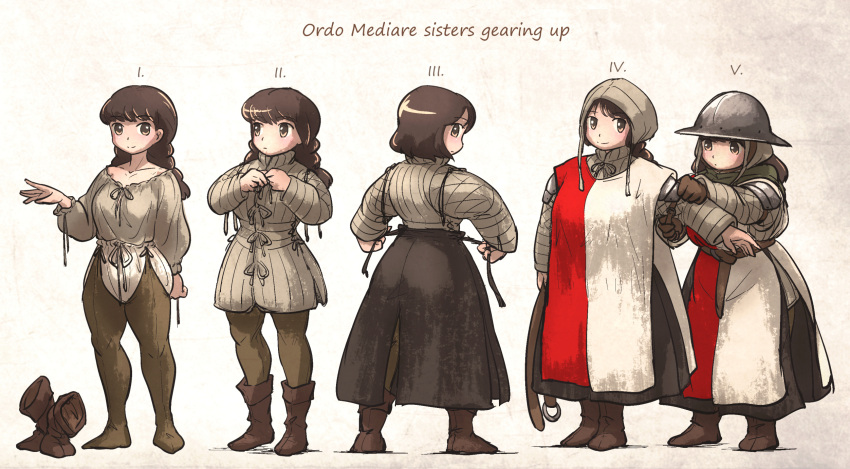 armor belt boots braid brown_hair collarbone full_body gambeson gloves habit helmet highres holding ironlily kettle_helm medieval mid_neutral_sister_(ironlily) multiple_girls ordo_mediare_sisters_(ironlily) pantaloons short_hair_sister_(ironlily) surcoat twin_braids_sister_(ironlily)