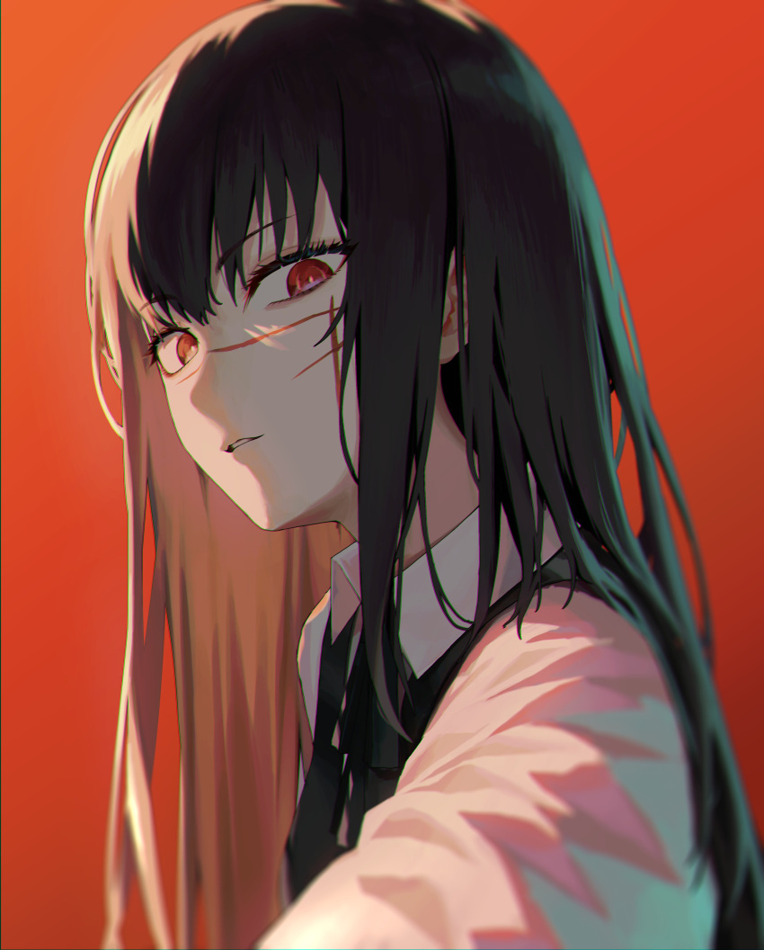 absurdres black_hair black_ribbon black_vest chainsaw_man choppy_bangs collared_shirt commentary fourth_east_high_school_uniform highres long_hair long_sleeves looking_at_viewer looking_down mitaka_asa neck_ribbon parted_lips red_background red_eyes ribbon scar scar_on_face school_uniform shirt simple_background solo upper_body vest white_shirt yohwa yoru_(chainsaw_man)