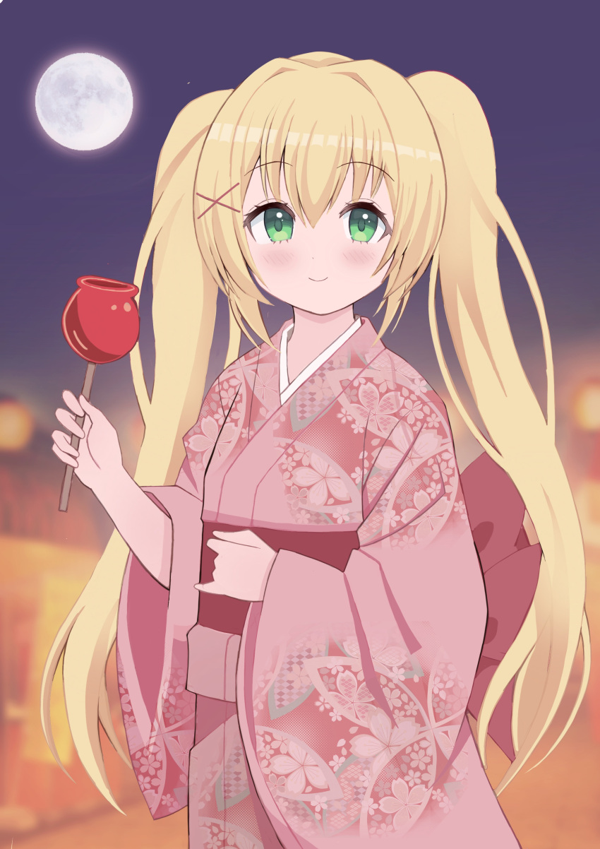 1girl absurdres alternate_costume blonde_hair blurry blurry_background blush candy candy_apple closed_mouth commentary_request commission cowboy_shot eyelashes floral_print food full_moon green_eyes hair_between_eyes hair_intakes hair_ornament hand_up happy highres holding holding_candy holding_food japanese_clothes kimono long_hair long_sleeves looking_at_viewer mikoko1 moon night outdoors pink_kimono sidelocks skeb_commission smile solo standing summer_festival summer_pockets tareme tsumugi_wenders twintails very_long_hair wide_sleeves x_hair_ornament yukata