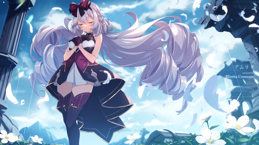 1girl bare_arms beretta_x'rain black_bow black_dress black_thighhighs blue_sky bow braid character_name closed_eyes closed_mouth clouds commentary_request day dress drill_hair eyelashes falling_feathers feathers feet_out_of_frame floating_hair flower gloves grey_hair hair_between_eyes hair_bow highres long_hair low_twintails outdoors own_hands_together praying purple_gloves red_bow ruins schatten short_dress side_braid sky sleeveless sleeveless_dress smile solo standing thigh-highs thighs twin_drills twintails very_long_hair virtual_youtuber white_feathers white_flower x_enc'ount