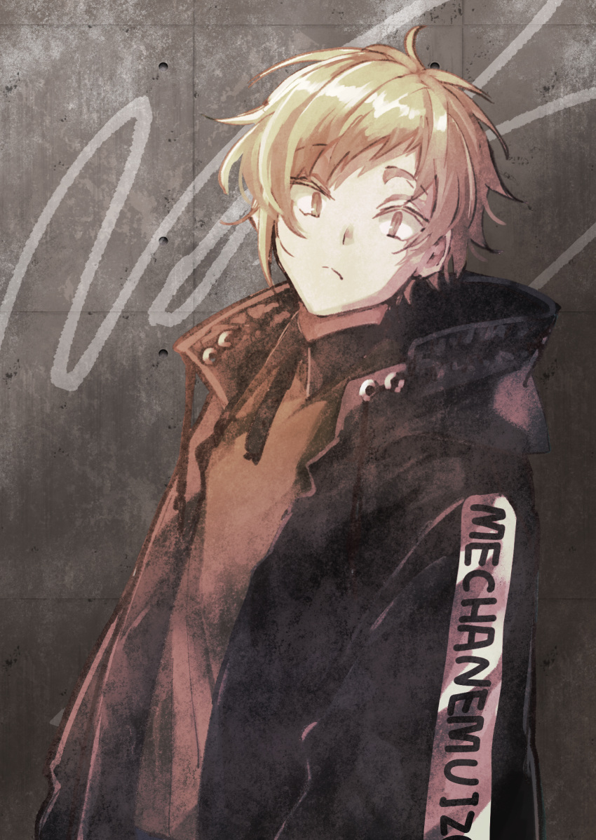 1boy black_jacket blonde_hair brown_eyes brown_jacket brown_shirt closed_mouth clothes_writing collared_shirt colored_eyelashes commentary_request concrete drawstring frown grey_background highres hood hood_down indoors jacket kagerou_project kano_shuuya looking_at_viewer male_focus mokemoke_chan multicolored_clothes multicolored_jacket open_clothes open_jacket partial_commentary shirt short_hair slit_pupils solo two-tone_jacket upper_body