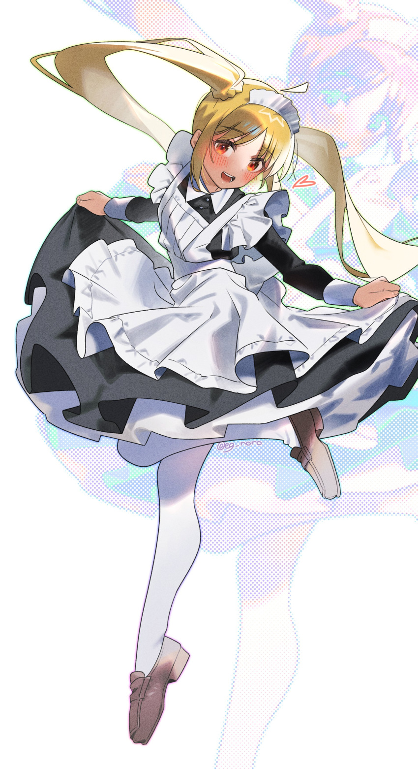 1girl absurdres ahoge apron black_dress blonde_hair blush bocchi_the_rock! commentary_request detached_ahoge dress floating floating_hair full_body grey_footwear highres ijichi_nijika leg_up long_hair long_sleeves looking_at_viewer maid_apron maid_headdress open_mouth pantyhose parted_bangs red_eyes side_ponytail simple_background skirt_hold smile sofa_(enogunomu) solo teeth twitter_username very_long_hair white_apron white_background white_pantyhose zoom_layer