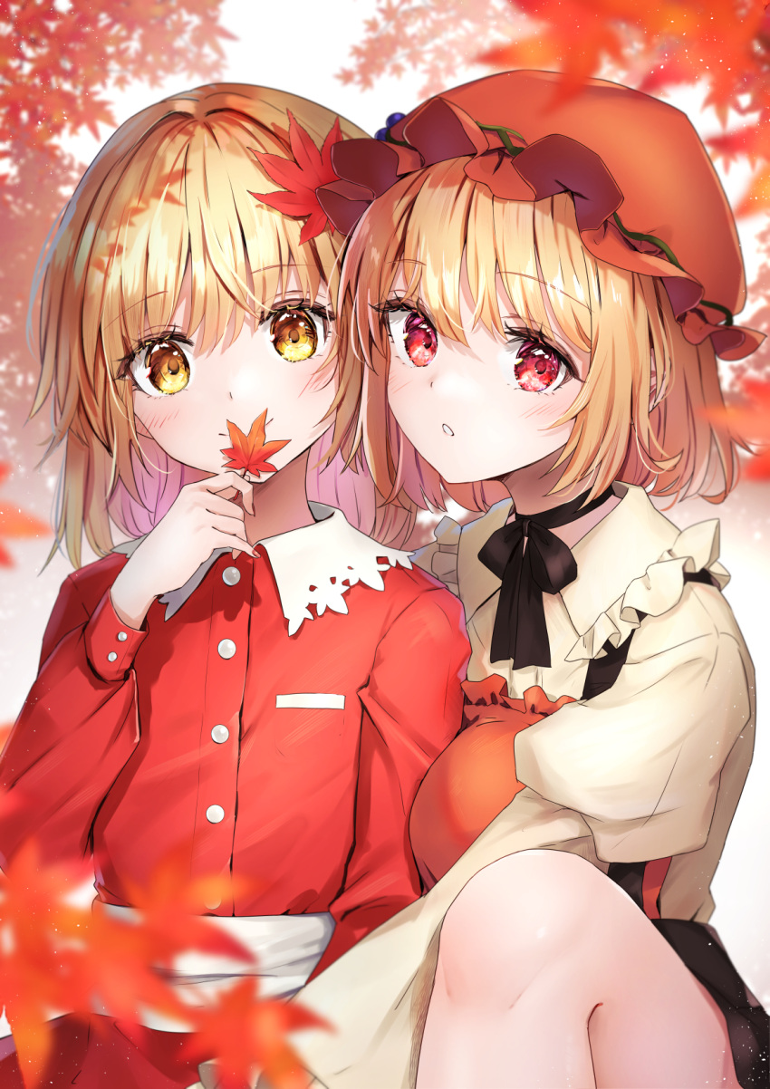 2girls aki_minoriko aki_shizuha autumn autumn_leaves blonde_hair blush breasts buttons closed_mouth collared_shirt flat_chest frilled_shirt_collar frills hair_between_eyes hair_ornament hat highres holding holding_leaf large_breasts leaf leaf_hair_ornament maple_leaf mob_cap multiple_girls parted_lips red_eyes red_headwear red_shirt red_skirt shironeko_yuuki shirt short_hair siblings sisters skirt smile touhou yellow_eyes yellow_shirt
