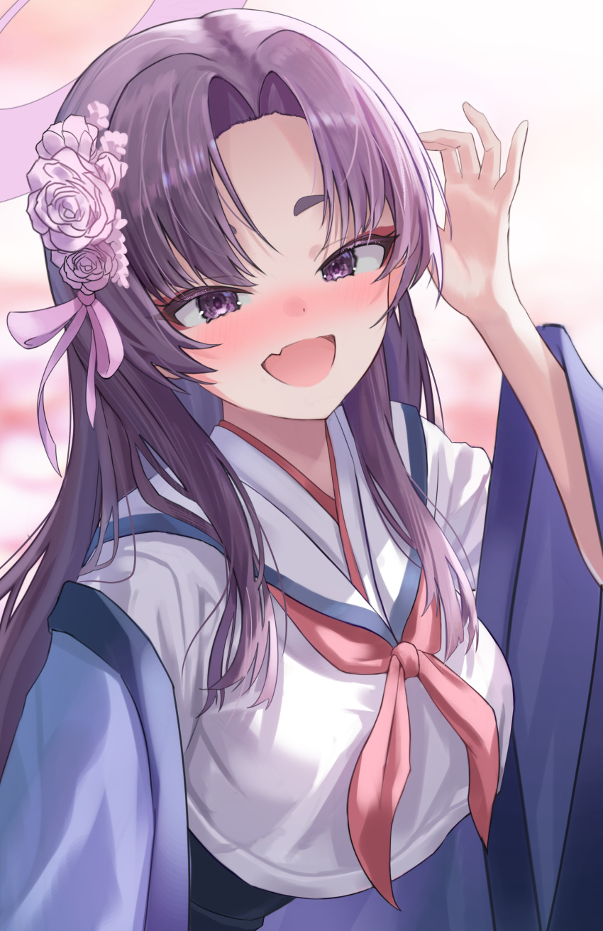 1girl absurdres blue_archive blush eyeshadow fang flower gisi_(gicgic_draw) hair_flower hair_ornament halo haori highres japanese_clothes long_hair long_sleeves looking_at_viewer makeup neckerchief open_mouth pink_flower purple_hair purple_halo red_eyeshadow red_neckerchief sailor_collar school_uniform skin_fang smile solo upper_body violet_eyes white_sailor_collar wide_sleeves yukari_(blue_archive)