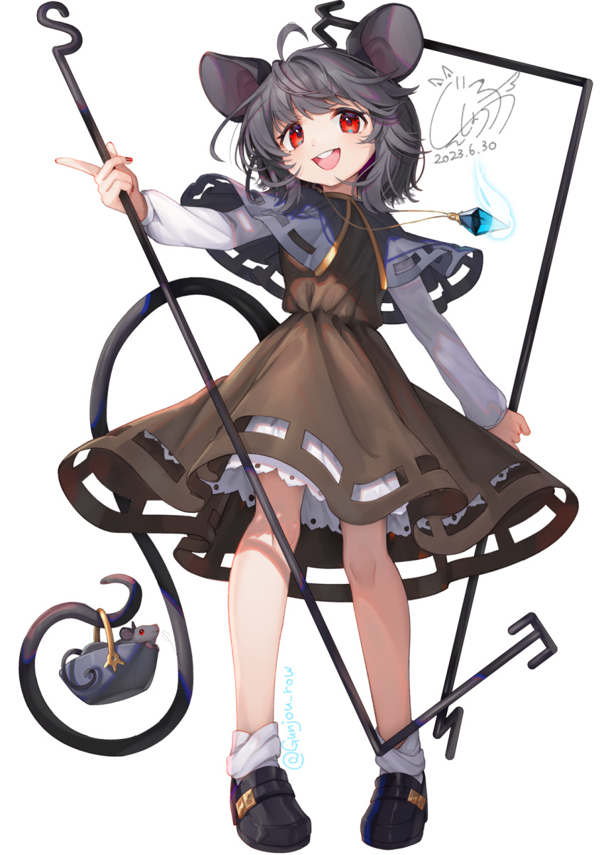 1girl ahoge animal animal_ears black_dress black_footwear blush capelet dated dowsing_rod dress full_body grey_capelet grey_hair gunjou_row highres long_sleeves mouse mouse_ears mouse_tail nazrin open_mouth red_eyes round_teeth shoes short_hair signature smile socks solo tail teeth touhou transparent_background unfinished_dream_of_all_living_ghost upper_teeth_only white_socks