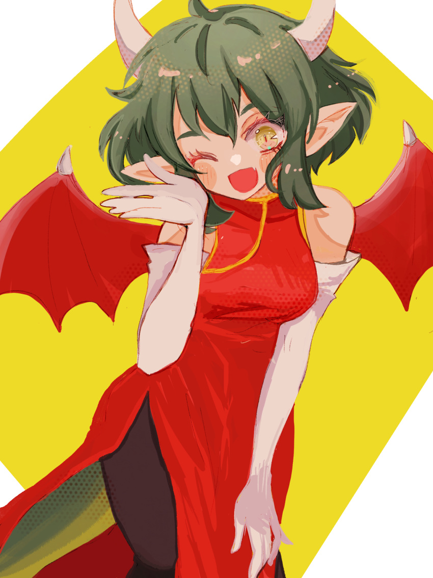 1girl black_pants blush_stickers china_dress chinese_clothes draco_centauros dragon_girl dragon_tail dragon_wings dress eyelashes fang gloves han-log hand_on_own_knee highres horns leaning_forward looking_at_viewer madou_monogatari one_eye_closed open_mouth pants puyopuyo red_dress red_wings short_hair side_slit solo tail white_gloves white_horns wings yellow_eyes
