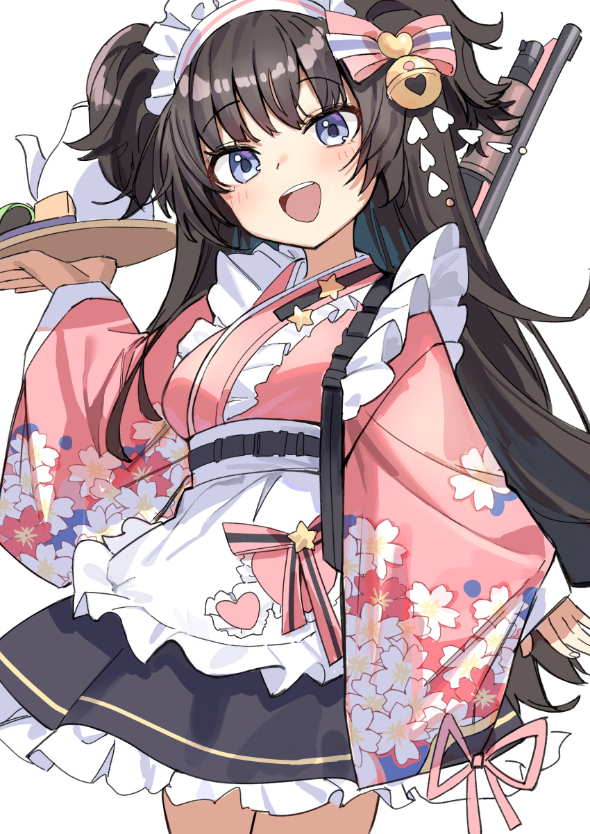 1girl absurdres apron bell blue_archive blue_eyes blue_skirt bow brown_hair cowboy_shot food frilled_apron frills gun gun_on_back hair_bell hair_bow hair_ornament haruyuki_(gffewuoutgblubh) head_tilt highres holding holding_tray japanese_clothes kimono long_hair long_sleeves looking_at_viewer maid maid_headdress open_mouth petticoat pink_bow pink_kimono shizuko_(blue_archive) shotgun simple_background skirt smile solo teapot tray two_side_up very_long_hair wa_maid wagashi waist_apron weapon weapon_on_back white_background wide_sleeves