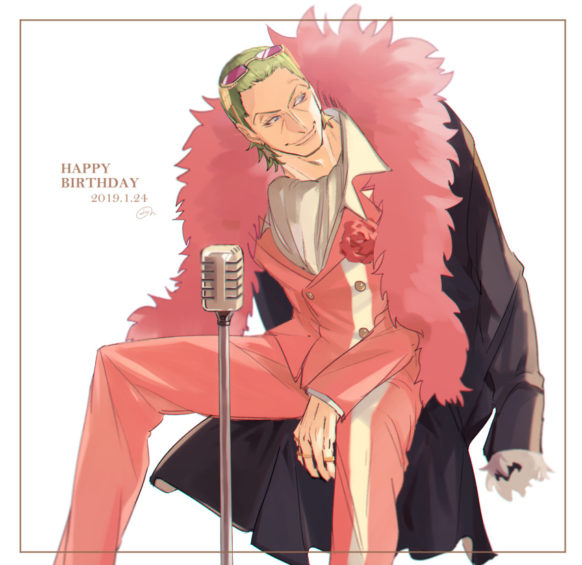 1boy ascot blonde_hair blue_eyes closed_mouth dated eyelashes eyewear_on_head flower gild_tesoro gold_ring happy_birthday highres invisible_chair jacket looking_to_the_side male_focus mature_male microphone mirin_(coene65) one_piece one_piece_film:_gold pants pink_flower pink_jacket pink_pants pink_rose pink_suit rose short_hair signature sitting smile solo suit tinted_eyewear white_ascot yellow-framed_eyewear