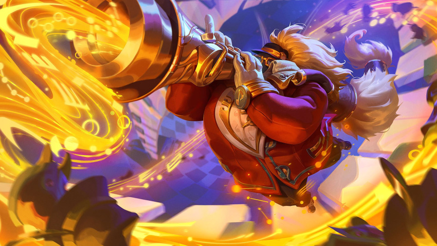 1boy bard_(league_of_legends) big_hair black_headwear brown_footwear brown_pants gloves grey_gloves grey_hair hat highres holding holding_instrument instrument jacket jazz_bard keyboard_(instrument) league_of_legends long_hair long_sleeves music musical_note musical_note_print official_alternate_costume official_art pants playing_instrument red_jacket solo sunglasses top_hat trumpet
